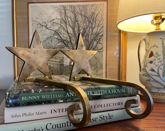 Vintage, Pair of Solid Brass Star Stocking Holders.  Long Arm Christmas Mantel Hooks