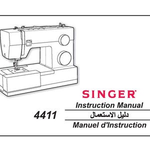 Puede incluir: Un manual de instrucciones blanco para una máquina de coser Singer 4411. La portada presenta un dibujo lineal en blanco y negro de la máquina, el logotipo rojo de Singer y el texto: Instruction Manual, 4411 y Manuel d'Instruction.
