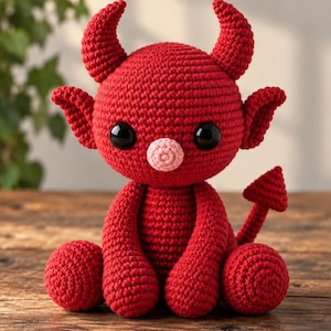 May include: A red crochet plush toy shaped like a small devil with two curved horns, pointed ears, and a tail ending in a triangular point. The figure features large black plastic eyes and a small, round, light pink nose, all crafted with yarn.