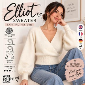 Peut inclure: Un patron de tricot pour le pull Elliot, présentant un pull cache-cœur crème à manches longues, col en V, avec taille et poignets côtelés. Le patron inclut des instructions pour quatre tailles, du XS au L, utilisant des aiguilles 3,5mm et 5mm.