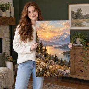 Mountain Lake Sunset Canvas Wall Art: Warm Landscape Print