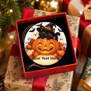 Personalized Halloween Ornament: Black Cat on Pumpkin, Ceramic Hanging