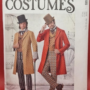 May include: McCall's Costumes sewing pattern M8185, size XM (S-M-L). The envelope features two outfits: a tan coat with striped trousers and a red coat with plaid trousers, both including vests, bow ties, and top hats for a formal look.