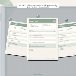 May include: Three rectangular bill-pay cards with a sage green and cream colour scheme. The cards feature printed checklists and headers including "Due This Week," "Bill Day - 15 Min," and "Subscription Kit List" with organised task sections.