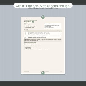 Puede incluir: Una lista de verificación impresa en blanco titulada Fridge Reset con secciones para los pasos Before, Good enough y Do-in-order. El documento incluye casillas de verificación, una tabla para organizar tareas e instrucciones de micro-rutina.