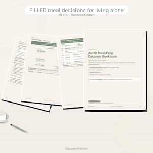 May include: A multi-page ADHD Meal-Prep Decision Workbook with a cream background and dark green text. The pages feature flowcharts, meal planning tables, and instructional text. A small white mug and a pencil are positioned below the pages.