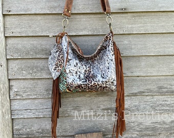 Made to Order Leopard Cowhide, Embossed Leather & Fringe Bag w/ Crossbody Strap