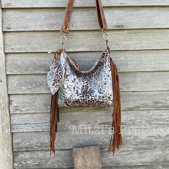 Made to Order Leopard Cowhide, Embossed Leather & Fringe Bag 