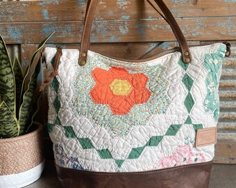 SHIPS TODAY// Large Antique Quilt & Leather Tote Bag