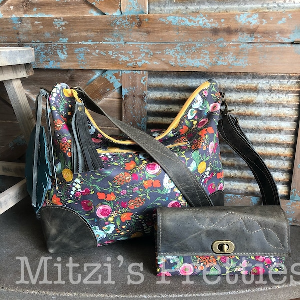 MADE TO ORDER Slouchy Floral Hobo w/ Genuine Leather, Feather & Crossbody Strap