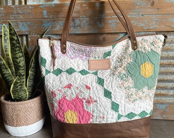 SHIPS TODAY// Large Antique Quilt & Leather Tote Bag