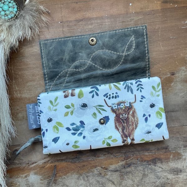 MADE TO ORDER Highland Cow Slim Wallet w/ Zipper Pocket, 6 Card Slots & Leather Flap