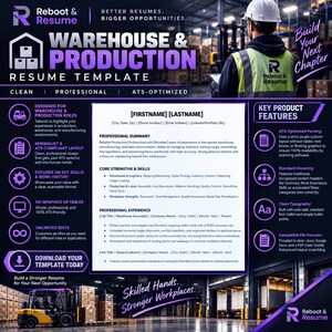 Puede incluir: Una plantilla de currículum digital para puestos de almacén y producción con un diseño limpio de una sola columna, incluyendo secciones para resumen profesional, fortalezas clave y experiencia. Diseño con acentos morados.