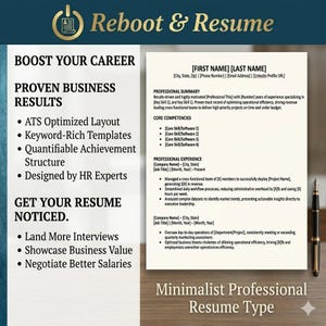 May include: A resume template document with sections for professional summary, core competencies, and experience, featuring text placeholders. The left side displays the title Reboot & Resume with bulleted lists of career benefits.