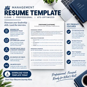 May include: A management resume template featuring a clean, professional layout with sections for professional summary, core skills, and experience. The document includes placeholders for contact information and job details, designed for ATS compatibility.