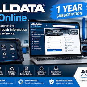 May include: A black diagnostic tablet and a laptop displaying the ALLDATA Online automotive repair interface. The image includes text detailing a 1-year subscription, 24/7 support, and features like repair information, wiring diagrams, and diagnostic reference tools.