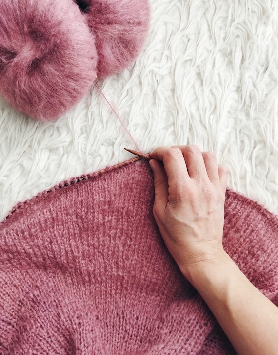 ハンドメイド　mohair knit ピンク×グレー mohair knit cardigan（purple）モヘアニットカーディガン