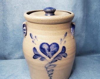 Vintage 1999 Rowe Pottery Works Salt-Glazed Stoneware Crock | Cobalt Blue Heart Motif (Cambridge, WI)