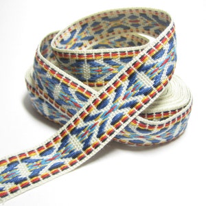 2 mètres Bordure en coton tissé doux beige naturel avec détails bleus et rouges, 23 mm / un peu moins de 1 po, bordure ethnique, bordure de style sud-ouest, 2 yards