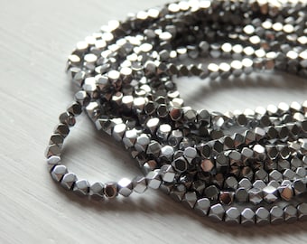 2mm Silver tone hematite beads, small rounded cube beads, electroplated, spacer beads, 16" strand