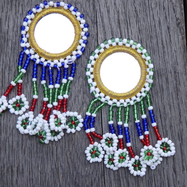 Afghan mirror applique, ONE, beaded mirror dangle, glass bead and mirror decoration from Afghanistan, beaded applique, Choose Blue or Green!