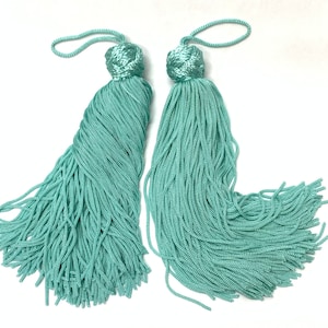 TWO Infinity knot tassels, AQUA, one pair, light blue green tassels, large knot tassels, 2 pieces