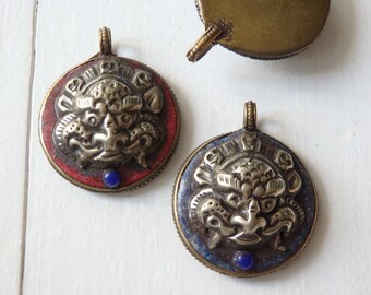 Tibetan Dragon pendant, brass repousse dragon pendant from Tibet, CHOOSE Blue lapis or Red coral pendant, protection pendant, ONE