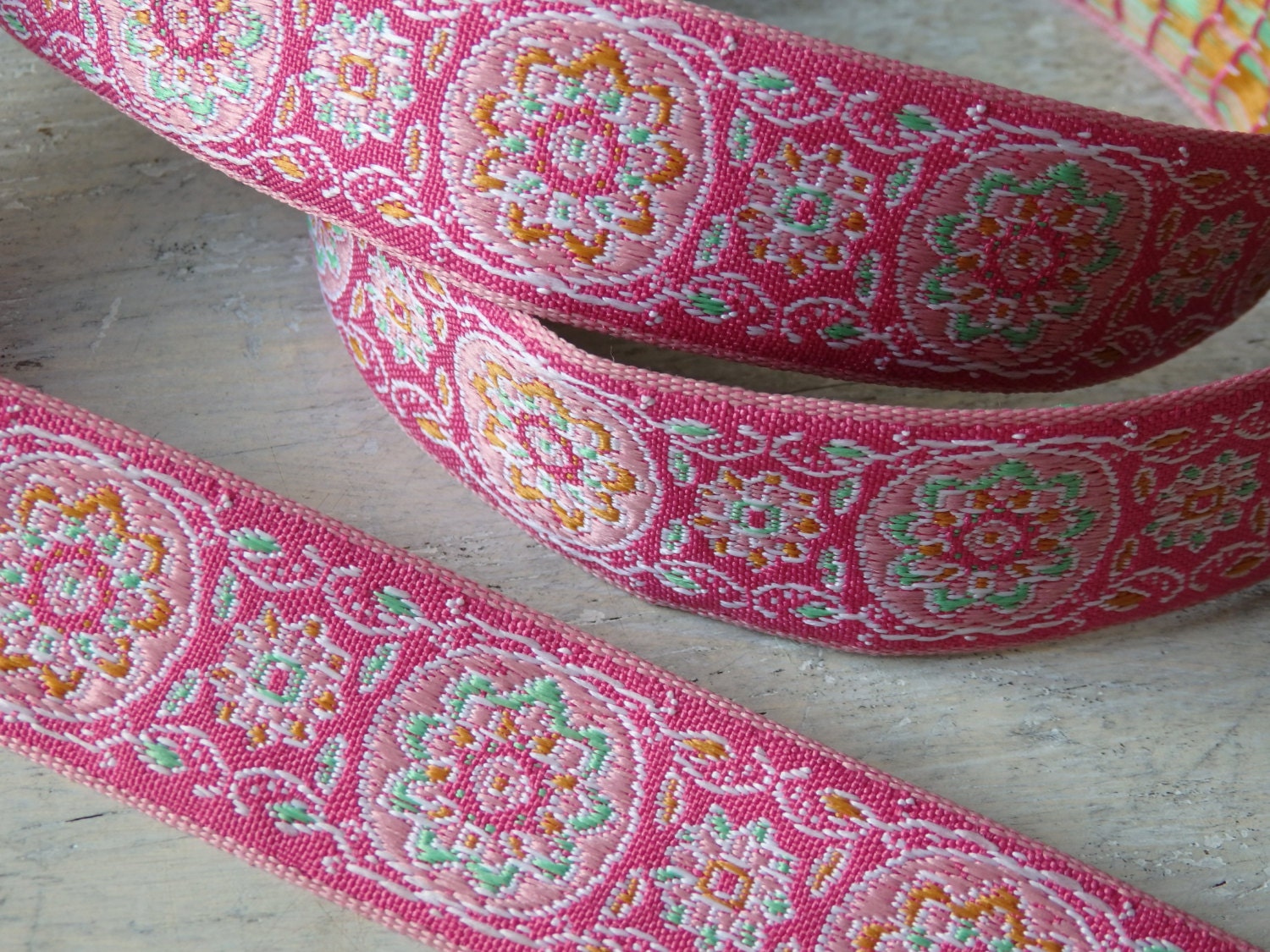 1 yd. Pink floral trim with white, green & yellow detail, embroidered trim with floral pattern, 26mm /1" wide, ONE yard