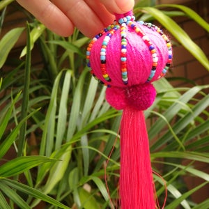 XL Luxury beaded silk tassel, large handmade Thai silk tassel with glass beads & pom poms, ethnic silk bag tassel
