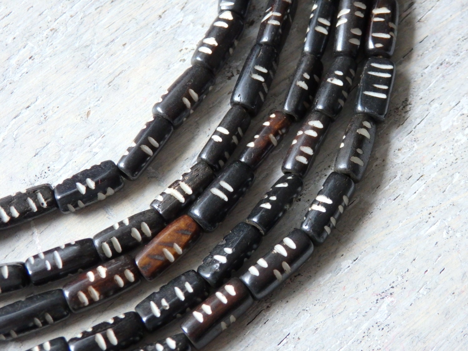 Indian bone beads in black and white 24" strand of bone beads, 123mm