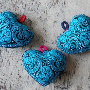 Hmong handmade fabric heart, embroidered BLUE heart decoration from northern Thailand, approx. 40x45mm/1.75", BFF gift, bag charm, ONE pc.