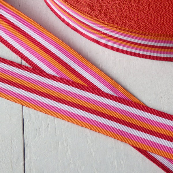 3 yds. Striped grosgrain trim in bold stripes of orange, hot pink, red & white, 25mm / 1" wide, striped grosgrain ribbon, THREE yards