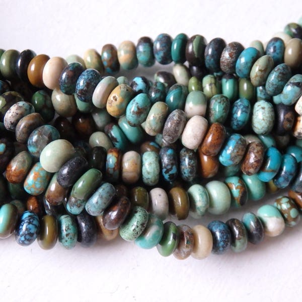 6mm Natural turquoise beads, 16" strand, Irregular turquoise rondelles, Mixed Colour, organic natural non-dyed turquoise roundel beads