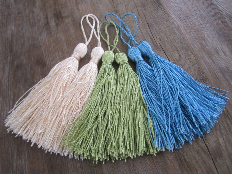 6 Silky tassels in blue green and ivory silky tassels for Etsy