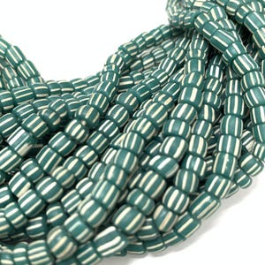 Indonesian handmade glass beads, DARK TEAL & WHITE, 24" strand, striped ethnic beads, 4-6mm, Javanese glass beads, Java glass beads