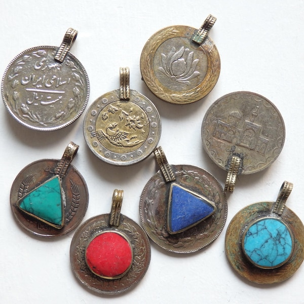 Afghan coin pendant, Turquoise, Coral Red or Lapis Blue, repurposed Vintage coin pendant with bail, handmade pendant from Afghanistan, ONE