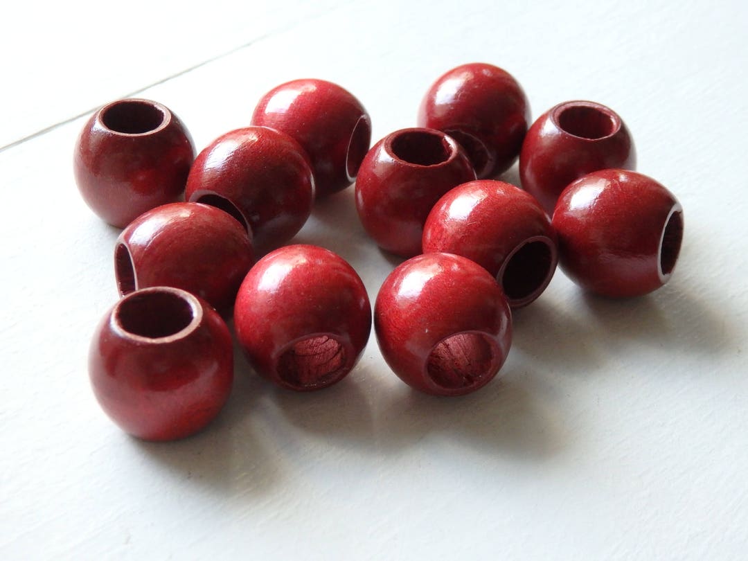 XL Wood Beads, TWELVE Cs. Extra Large Red Wood Beads With Wide Hole