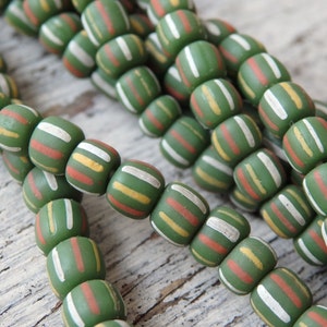 Handmade glass beads from Indonesia, GREEN with stripes, 24" strand, 4-6mm, hand made ethnic glass beads from Java, Indonesian glass beads