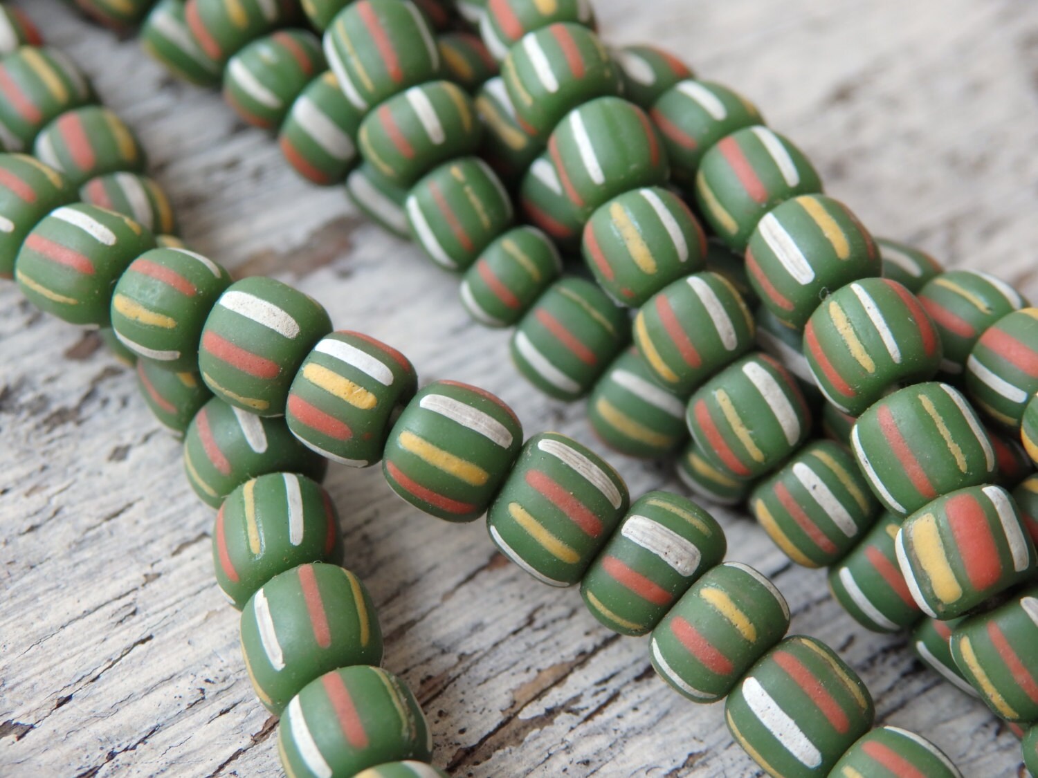 Handmade glass beads from Indonesia, GREEN with stripes, 24" strand, 4-6mm, hand made ethnic glass beads from Java, Indonesian glass beads