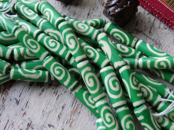 Indian batik bone tube beads, Green & White, 24" strand,  cow bone beads from India