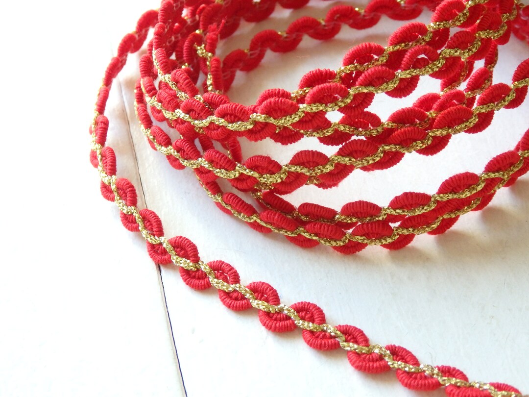 3 Yds. Japanese Red & Gold Trim, 8mm Wide, Narrow Red and Gold Zigzag