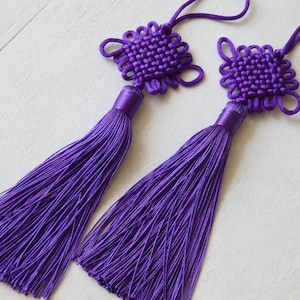 Chinese infinity knot tassels, ROYAL PURPLE, one pair, lucky flat knot tassels in purple with larger knot, TWO pcs.