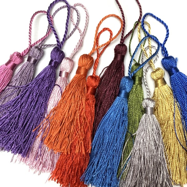 12 Assorted silky tassels for malas, jewelry, accessories, home decor, silky jewelry tassels,  mixed colour tassels for craft, TWELVE pcs.