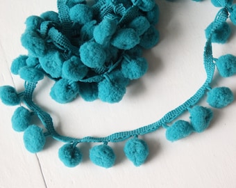 3 yds. Pom pom trim, TEAL GREEN, bobble trim for clothing, accessories, home decor items, retro trim in blue-green, THREE yards