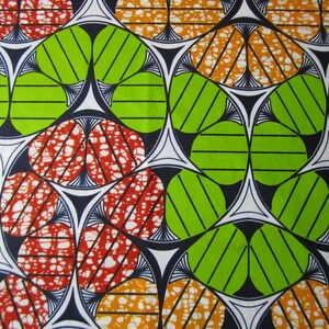 African Wax Print Fabric: Vivid Green, Orange, Red, and Blue Batik (48"/130cm), ONE PIECE!