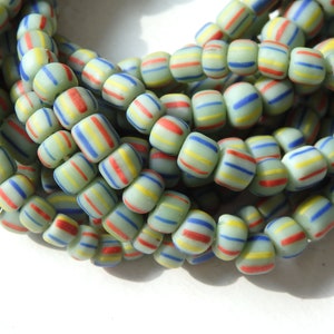 Handmade glass beads from Indonesia, GREEN, 24" strand, light green striped glass beads from Java, 5-7mm, hand made Indonesian glass beads
