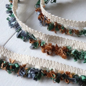 2 yds. Tassel trim, satin ribbon tassel trim in green, blue and copper, fringed trim, Boho trim, fringe trim, 16mm, 5/8" wide, TWO yards