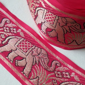 1 Yard. ROSA & Gold extra breiter Elefantenbesatz, 84 mm breit, rosa Elefanten-Sari-Bordüre, indisches Elefanten-Jacquardband, EIN Yard