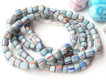 Handmade glass beads from Java Indonesia, TURQUOISE BLUE with Red, White & Blue stripes, 24&quot; strand, 4-6mm, Indonesian ethnic glass beads