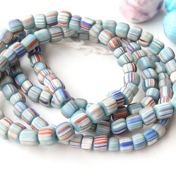 Handmade glass beads from Java Indonesia, TURQUOISE BLUE with Red, White & Blue stripes, 24" strand, 4-6mm, Indonesian ethnic glass beads